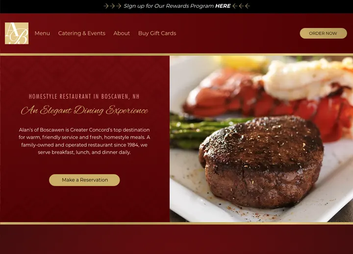 Alan's of Boscawen home page with a steak dinner and a reservation button
