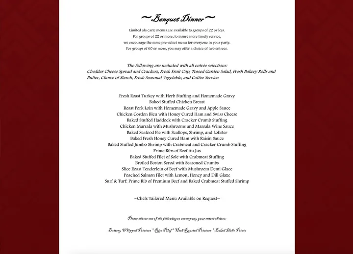 Banquet dinner catering menu