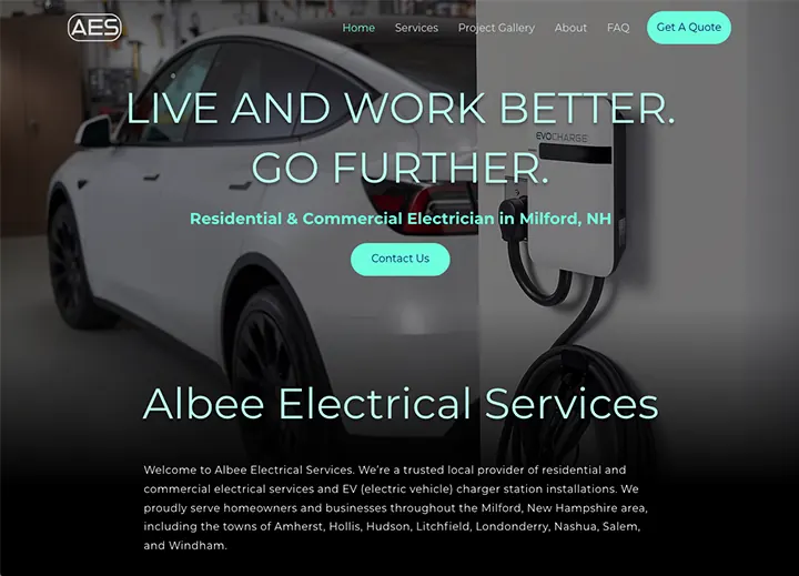 Albee Electrical Services home page with an EV charger: live and work better, go further