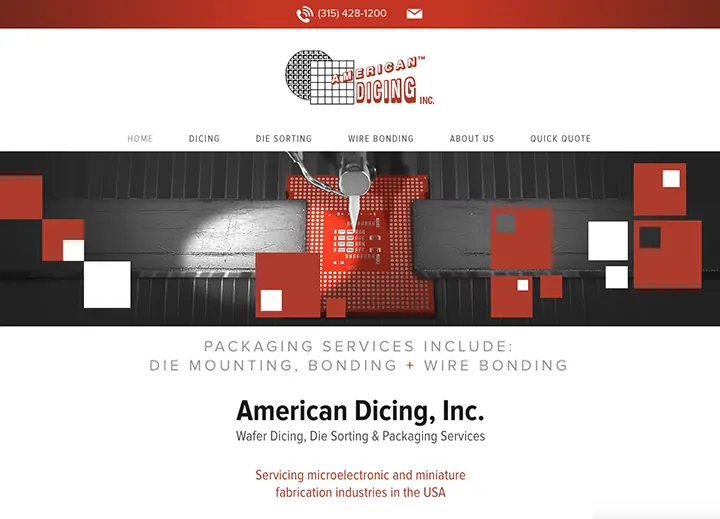 American Dicing home page with an animated red and gray hero