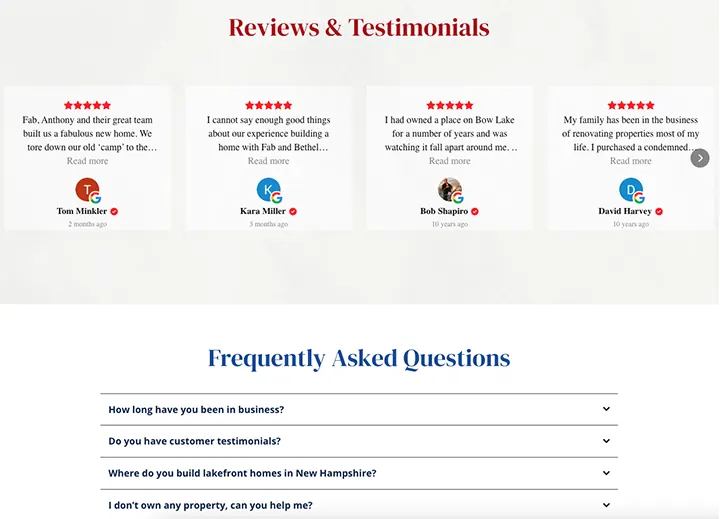 Google reviews and frequently asked questions on the site