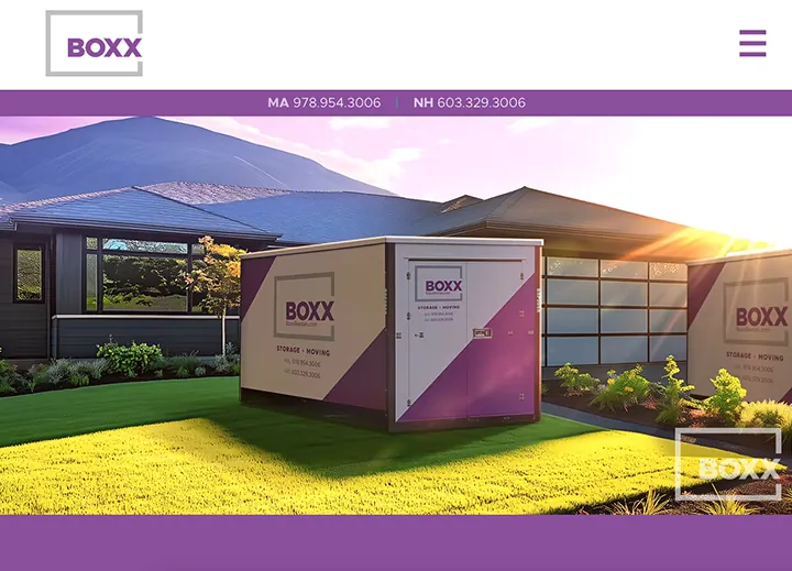 Boxx Rentals home page with a storage container in a field at sunset
