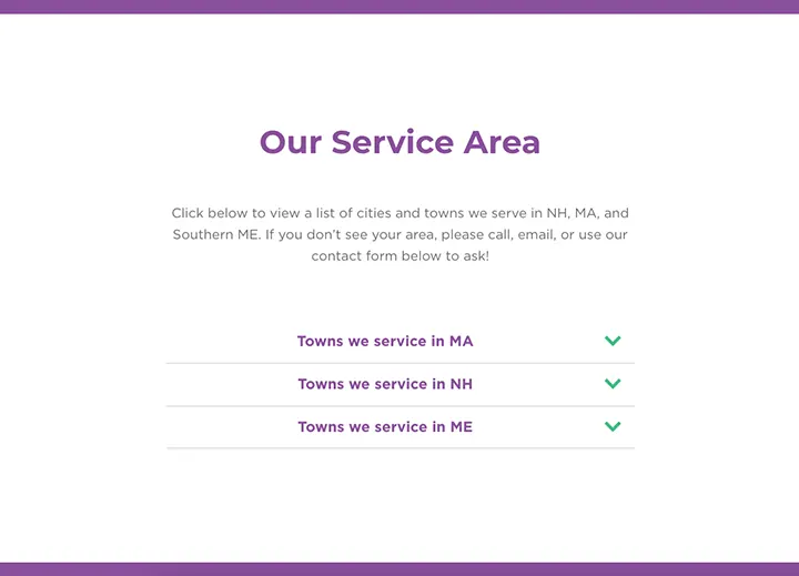 Service area section listing towns in MA, NH and ME