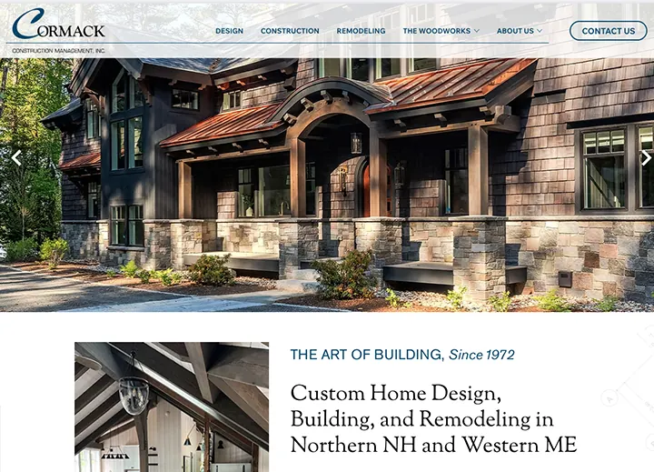 Cormack Construction Management home page with a timber-frame custom home