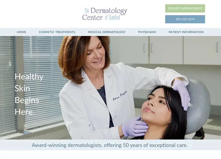 Dermatology Center Stamford home page with a dermatologist and a patient