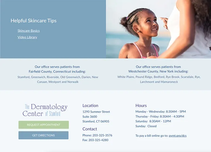 Skincare tips section and office hours