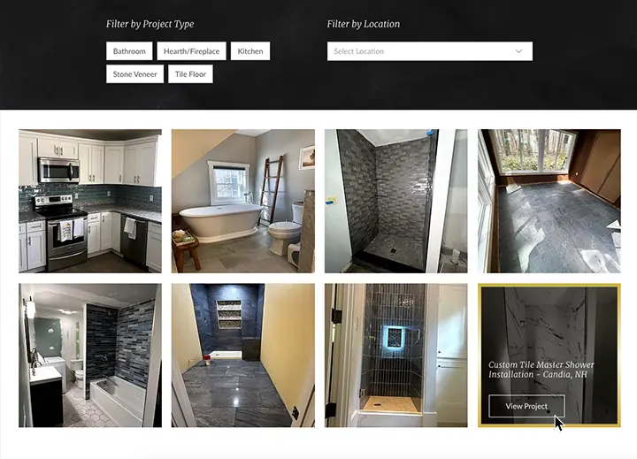 Interactive project portfolio with filters by project type and location