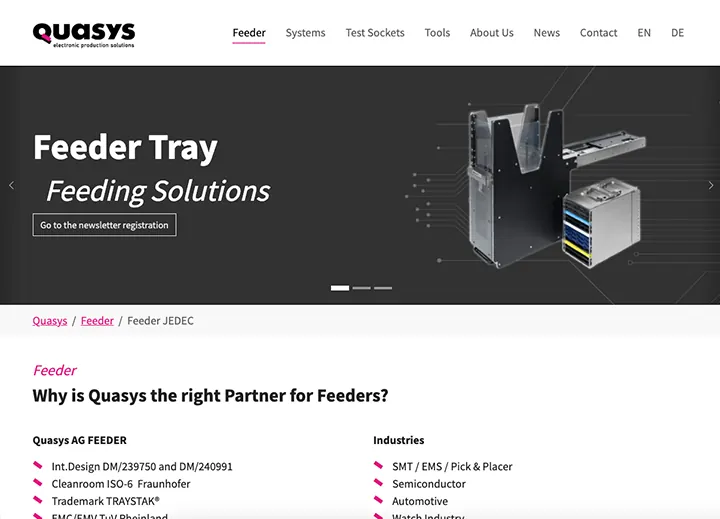 Quasys home page for tray feeding solutions