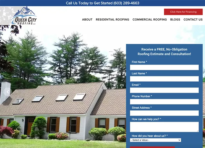 Queen City Roofing home page with a free roofing estimate form