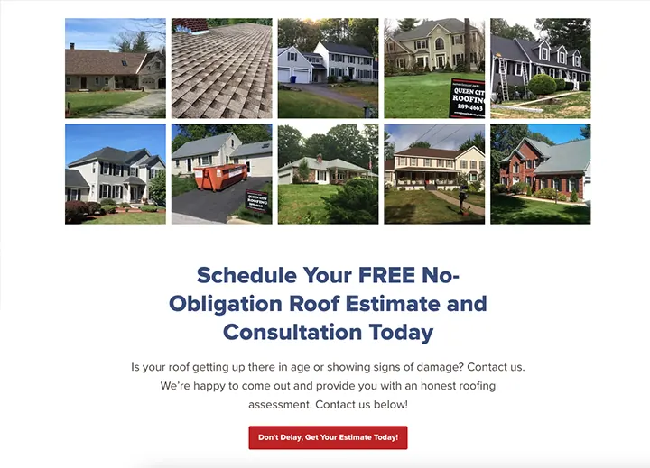 Free estimate call to action above a grid of roofing projects