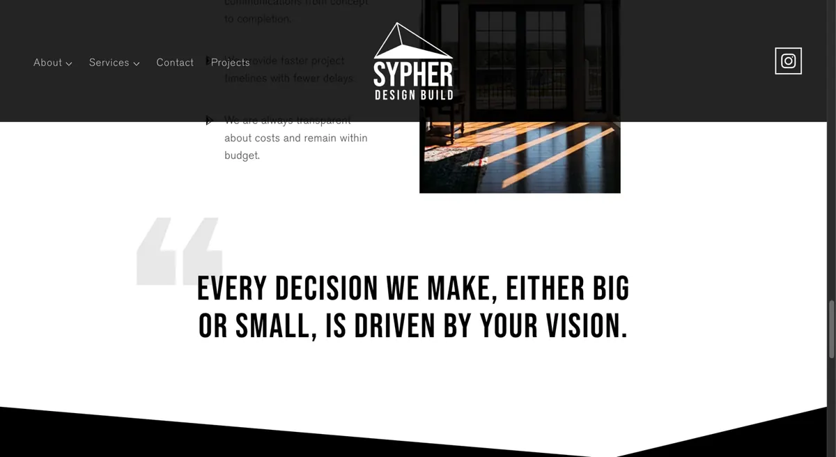 Sypher Design Build page with the line: every decision we make is driven by your vision