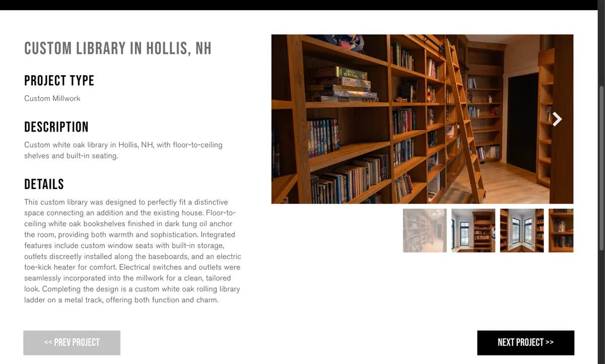 Project page for a custom library in Hollis, NH