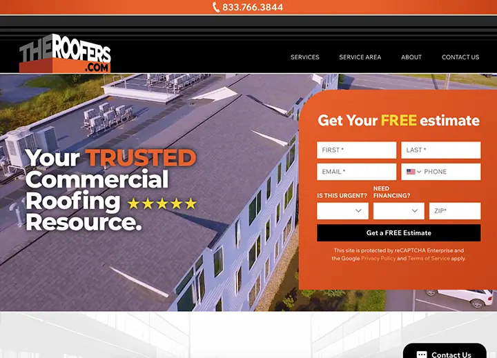 Home page with a free estimate form: your trusted commercial roofing resource